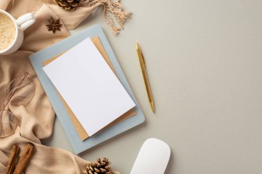 Top view photo of workspace paper sheet envelope on notepad gold pen computer mouse cup of coffee glasses cinnamon sticks anise pine cones and scarf on isolated grey background with copyspace