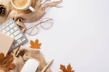 Top view photo of keyboard computer mouse organizer cup of coffee on rattan serving mat stylish spectacles pen fallen maple leaves pine cone anise plaid on isolated white background with empty space