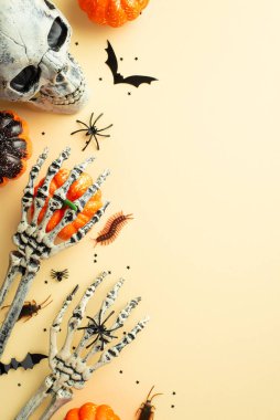 Top view vertical photo of halloween decorations skull skeleton hands pumpkins bat silhouettes spiders cockroaches centipede and black confetti on isolated beige background