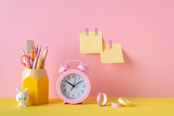 Back School Concept Photo School Supplies Pink Alarm Clock Adhesive — Stockfoto