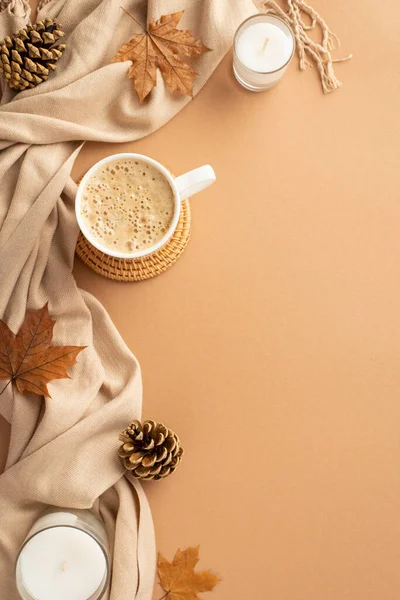 Autumn Business Concept Top View Vertical Photo Cup Frothy Coffee — Zdjęcie stockowe