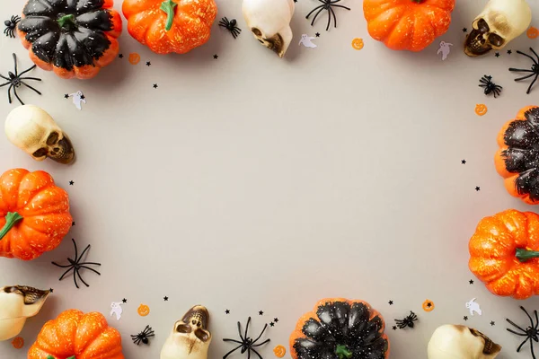 Halloween spooky decorations concept. Top view photo of skulls pumpkins spiders and confetti on isolated grey background with copyspace in the middle