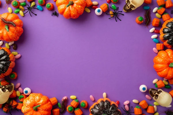 Halloween Decorations Concept Top View Photo Pumpkins Skulls Candies Eyes — ストック写真