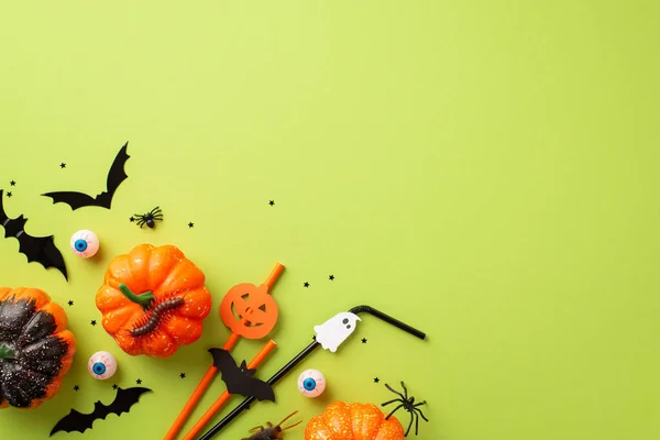 Halloween party decorations concept. Top view photo of pumpkins cocktail straws eyeballs bat silhouettes spiders centipede and black confetti on isolated pastel green background with copyspace