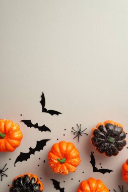 Halloween concept. Top view vertical photo of pumpkins spiders bat silhouettes and black confetti on isolated grey background with empty space