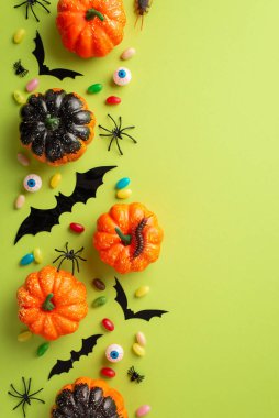 Halloween concept. Top view vertical photo of pumpkins trick-or-treat candies bat silhouettes spooky eyes and spiders on isolated light green background