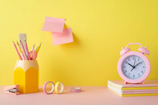 School Accessories Concept Photo Alarm Clock Copybooks Pencil Holder Adhesive — Stockfoto