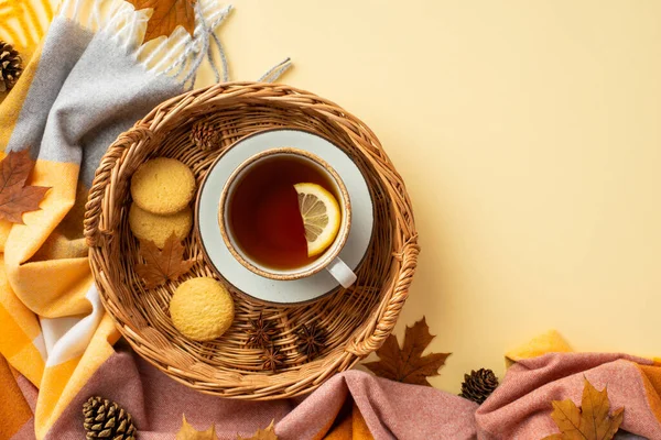 Autumn Aesthetic Concept Top View Photo Wicker Basket Cup Tea — Zdjęcie stockowe