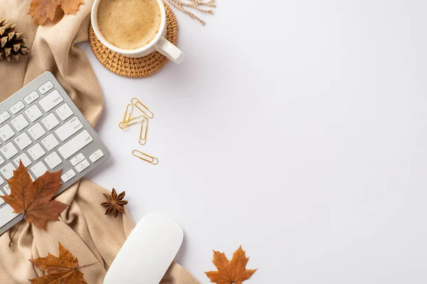 Autumn Business Concept Top View Photo Keyboard Computer Mouse Cup — Zdjęcie stockowe