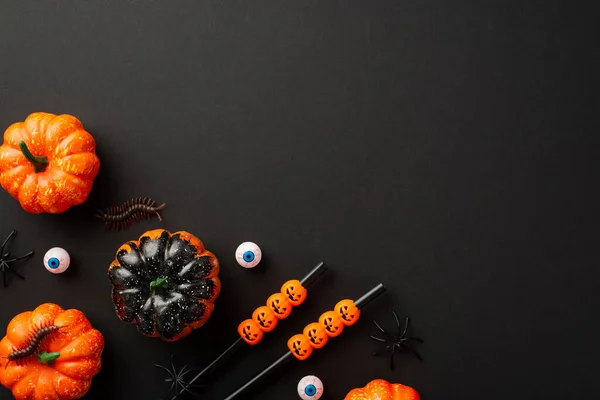 Halloween party decorations concept. Top view photo of pumpkins creepy eyeballs centipede cocktail straws and spiders on isolated black background with copyspace