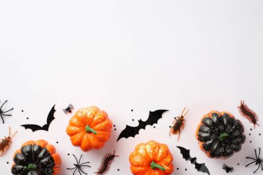 Halloween party concept. Top view photo of pumpkins bat silhouettes spiders cockroaches centipedes and black confetti on isolated white background with copyspace
