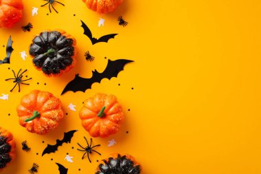 Halloween decor concept. Top view photo of small pumpkins spiders ghost bat silhouettes and black confetti on isolated orange background with empty space