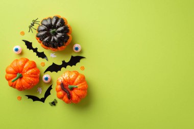 Halloween concept. Top view photo of pumpkins bat silhouettes spooky eyes spiders centipede and ghost silhouettes confetti on isolated light green background with copyspace