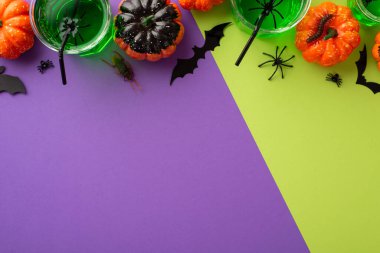 Halloween night concept. Top view photo of green punch with floating spiders bat silhouettes pumpkins insects centipede and cockroach on bicolor violet and light green background with copyspace