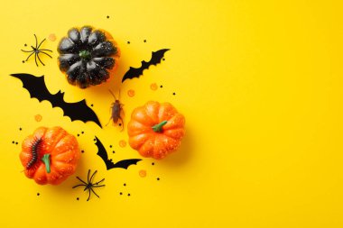 Halloween concept. Top view photo of small pumpkins bat silhouettes centipede cockroach spiders and confetti on isolated yellow background