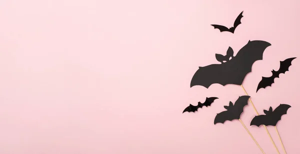 Halloween party decorations concept. Top panoramic view photo of bat silhouettes on isolated pastel pink background with copyspace