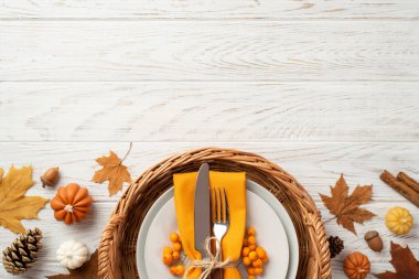 Thanksgiving day concept. Top view photo of rattan tray with plate cutlery napkin rowan maple leaves pine cones acorns pumpkins cinnamon sticks isolated white wooden table background with empty space