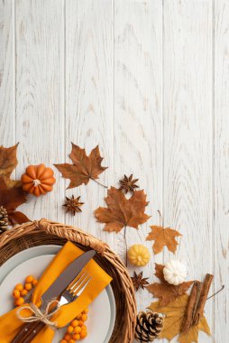 Thanksgiving day concept. Top view vertical photo of basket plate fork knife napkin rowan maple leaves pine cone pumpkins anise cinnamon sticks isolated white wooden desk background with empty space