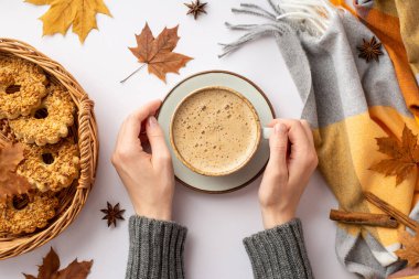 First person top view photo of girl's hands in pullover holding cup of frothy coffee over saucer wicker tray with cookies plaid yellow maple leaves anise cinnamon sticks on isolated white background