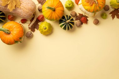 Şükran Günü konsepti. Çiğ sebzelerin, balkabaklarının kabak kabaklarının, ceviz akçaağaç yapraklarının ve bej arkaplandaki izole edilmiş bej yaprakların üst görüntüsü.