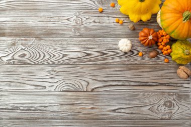 Sonbahar hasat konsepti. Taze sebzelerin, balkabaklarının, cevizli yaban mersinlerinin ve meşe palamudunun, izole edilmiş gri ahşap masa arka planında fotosu.