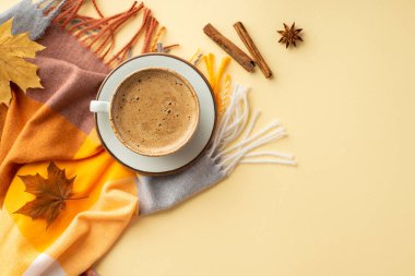 Sonbahar konsepti. En üstteki fotoğrafta çay tabağı eşarplı tarçınlı sıcak su içerken izole edilmiş bej arka planda anason ve düşmüş akçaağaç yaprakları görülüyor.