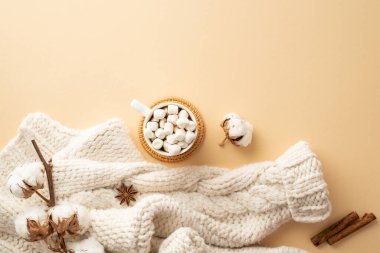 Kış estetiği konsepti. Örgü süveter fincanının üst görüntüsü marşmelovlu tarçınlı tarçın çubukları anason ve bej arka planda pamuk dalı.