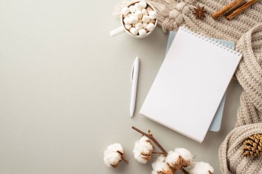 Kış konsepti Günlüklerin üst görüntüsü ekose bir fincan kakao ve marshmallow anason tarçın çubukları izole edilmiş pastel gri arka planda çam kozalakları ve pamuk dalları.
