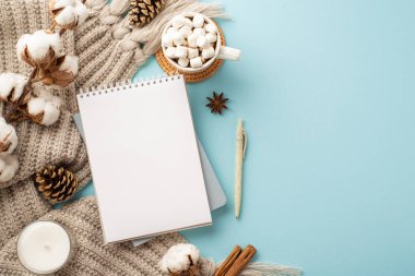 Not defterlerinin en üst görüntüsü kalem örgü battaniyeli sıcak su bardağı içinde marshmallow ile rattan plasemat pamuk, çam kozalakları, izole edilmiş pastel mavi arka plan, boş alan.