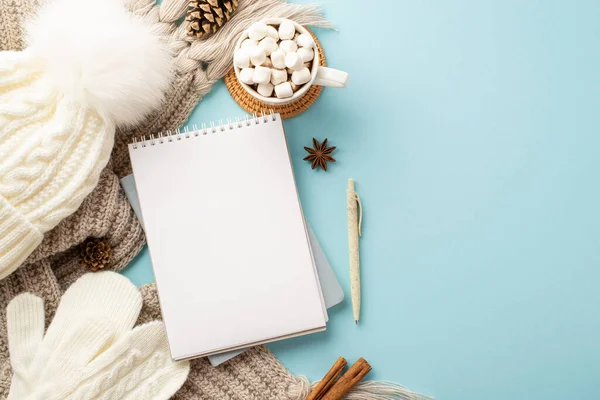 Not defterlerinin üst görüntüsü kalem beyaz eldiven başlık örgü eşarp kupa içinde marshmallow ile rattan plasemat çam kozalağı anason çubukları izole edilmiş pastel mavi arkaplan