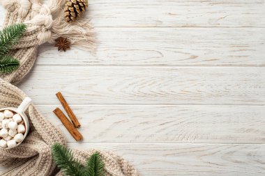 Çam kozalağı köknar dallarının en üstteki fotoğrafı şekerleme örülmüş battaniye anason ve tarçın çubukları ile sıcak içki kupası beyaz ahşap masa arka planında kopyalanmış.