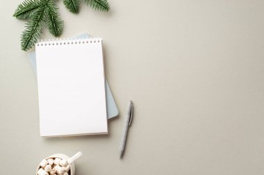 Yeni yıl konsepti. İzole edilmiş gri arkaplan üzerinde lokum ve çam dalı bulunan açık defter kalem fincanının üst görünümü