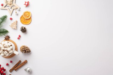 Noel süslemelerinin en üst görüntüsü ağaç yıldız süs kupası marshmallow kozalaklarıyla Ökseotu çilekleri dalları izole edilmiş beyaz arka planda kurutulmuş portakal dilimleri