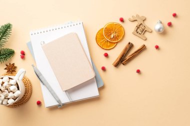 Yeni yıl konsepti. Mücevher ahşap rengeyiği süsleme fotoğraflarının üst görüntüsü. Marshmallow köknar dalı tarçınlı sıcak içecek kupası. İzole edilmiş bej arka planda kurutulmuş portakal dilimleri ökseotu.