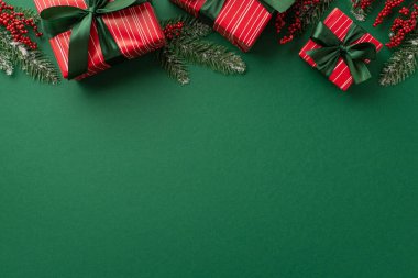 Yeni yıl konsepti. Yeşil kurdeleli kırmızı hediye kutularının en üst görüntüsü ökse otu yayı ve ladin dallarını izole edilmiş yeşil arka planda, yaban mersini ve ladin dallarıyla çevrili.