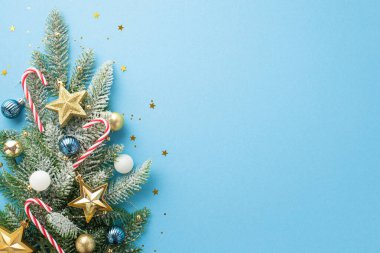 Noel ağacı süslemeleri konsepti. Beyaz mavi ve altın mücevherlerle süslenmiş köknar fotoğrafının üstü. Şeker kamışı yıldız süsleri ve izole edilmiş pastel mavi arka planda boş alan üzerine konfeti.
