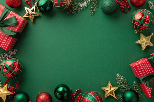 Kerstconcept Bovenaanzicht Foto Van Geschenkdozen Met Lint Strikken Groen Rood — Stockfoto