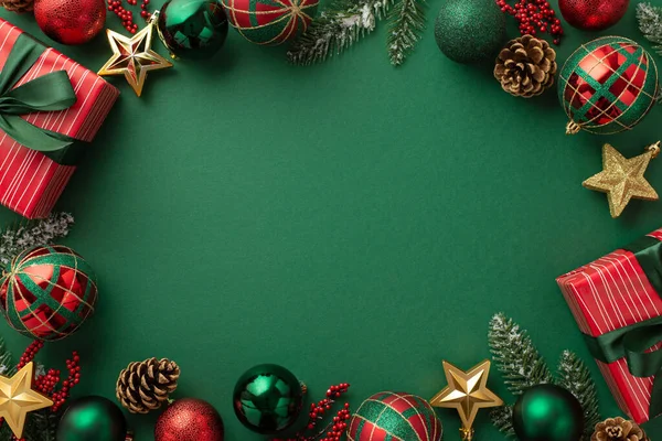 Χριστουγεννιάτικη Ιδέα Top View Φωτογραφία Από Κουτιά Δώρων Πράσινο Κόκκινο — Φωτογραφία Αρχείου