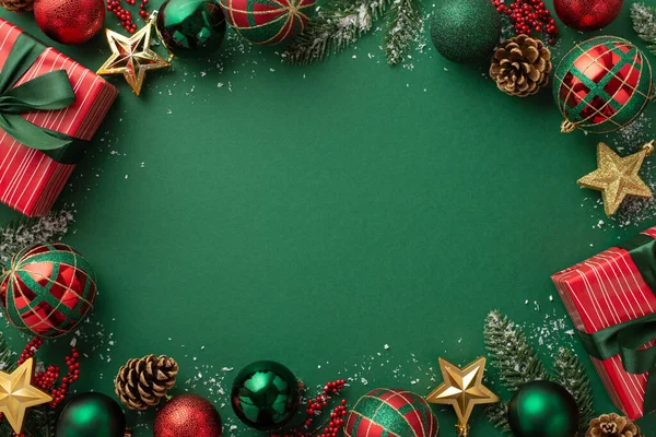 Χριστουγεννιάτικη Ιδέα Top View Φωτογραφία Του Παρόντος Κουτιά Πράσινο Κόκκινο — Φωτογραφία Αρχείου