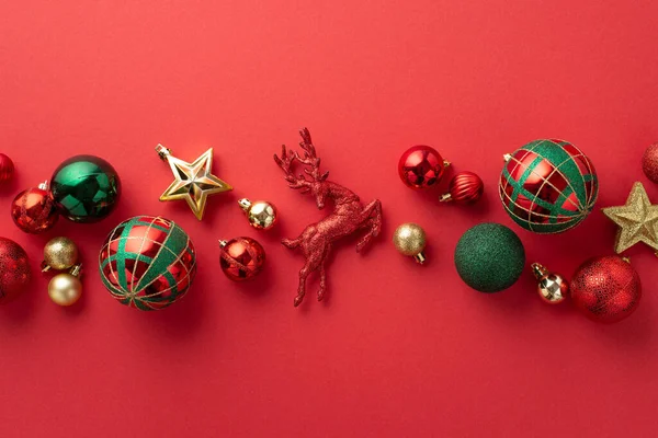 Weihnachtsdekoration Konzept Foto Von Oben Mit Rentier Sternen Ornamenten Goldgrüne — Stockfoto