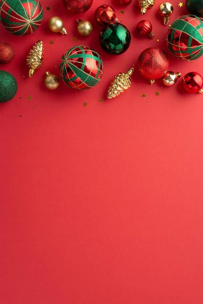 Nieuwjaarsconcept Bovenaanzicht Verticale Foto Van Dennenappel Ornamenten Confetti Goud Groen — Stockfoto