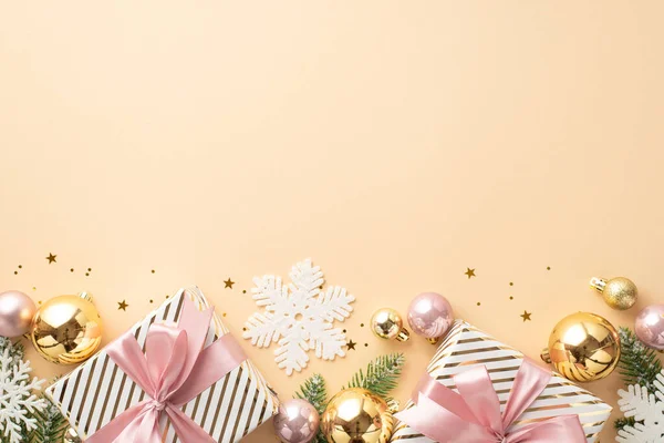Koncepcja Święta Bożego Narodzenia Top View Photo Gift Boxes Ribbon — Zdjęcie stockowe