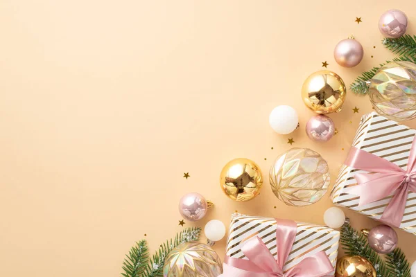 Noel Konsepti Kurdeleli Mevcut Kutuların Üstteki Fotoğrafı Şeffaf Altın Pembe — Stok fotoğraf