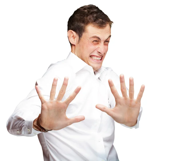 A Young Man Holding His Hands Out In Fear — Stock Photo, Image