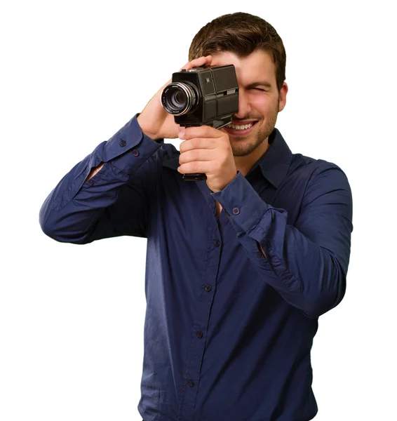 Joven hombre sosteniendo viejo cámara — Foto de Stock