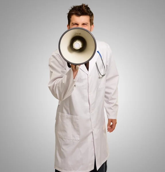 Portrait Of A Young Doctor Holding Megaphone — Stock Photo, Image