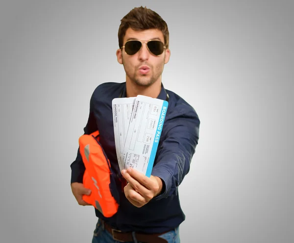Man Standing With Boarding Passes And Bag — Stock Photo, Image