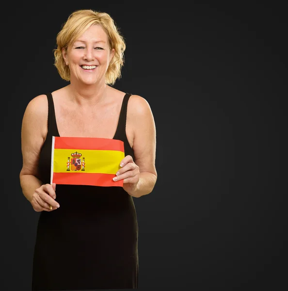 Happy Woman Holding Espagne Drapeau — Photo