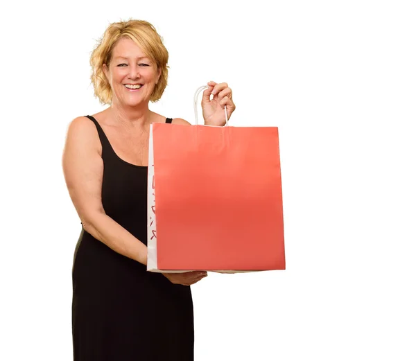 Donna felice che tiene la borsa della spesa — Foto Stock