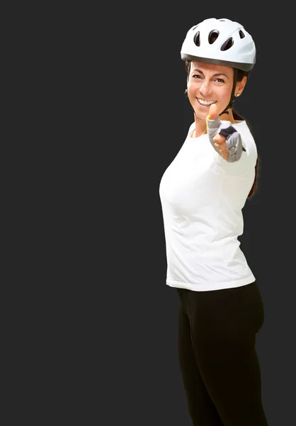 Woman Wearing Helmet Showing Thumb Up — Stock Photo, Image